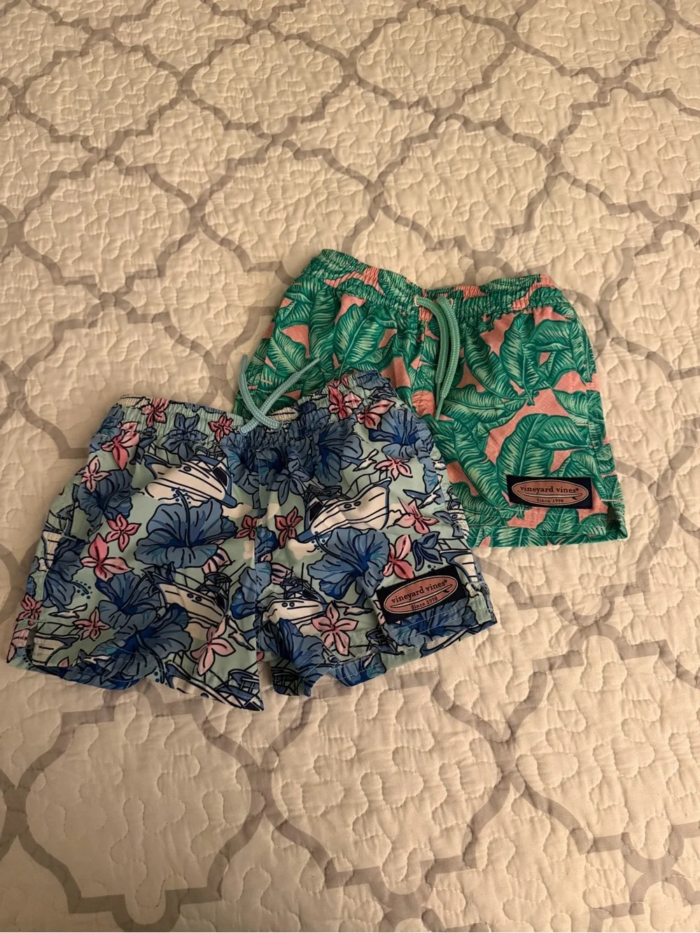 Vineyard Vines Kids Swim Trunks - Blue Floral & Green Palm